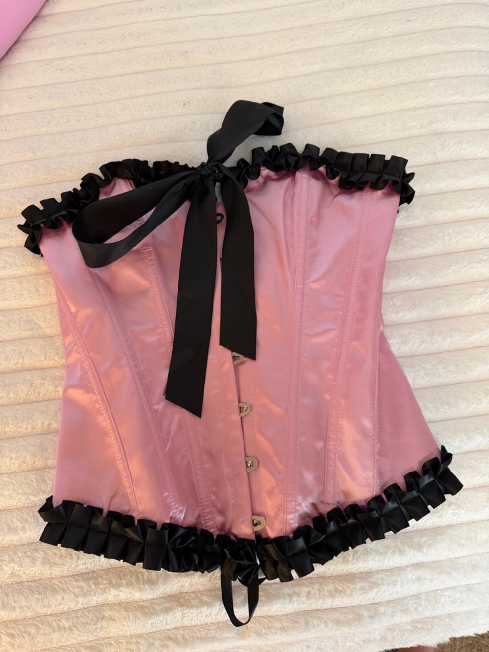 Pink Satin Corset with Black Ribbon Trim